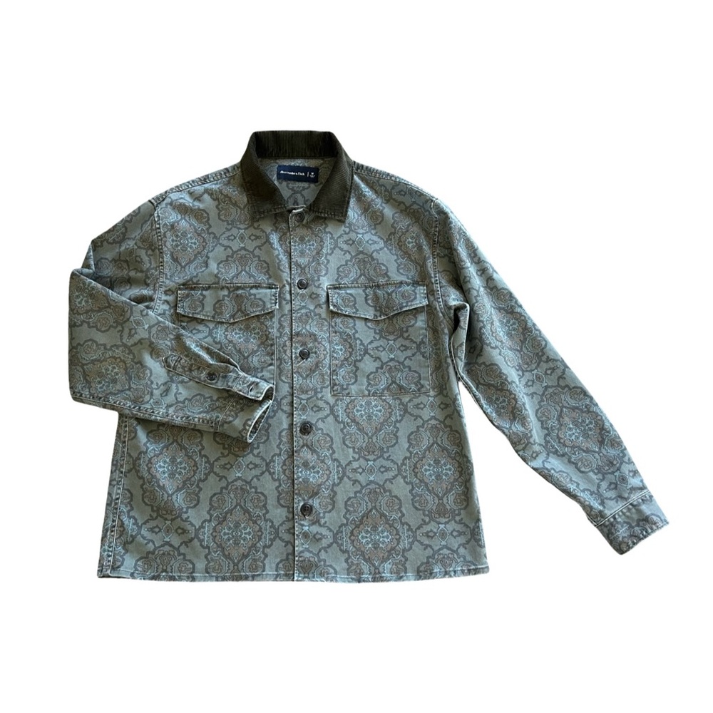 Abercrombie & Fitch Men's Patterned Twill Shirt Jacket - Gray Green and Brown